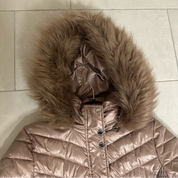 Kenneth Cole Taupe Puffer Coat with Faux Fur Hood - Picture 3 of 5